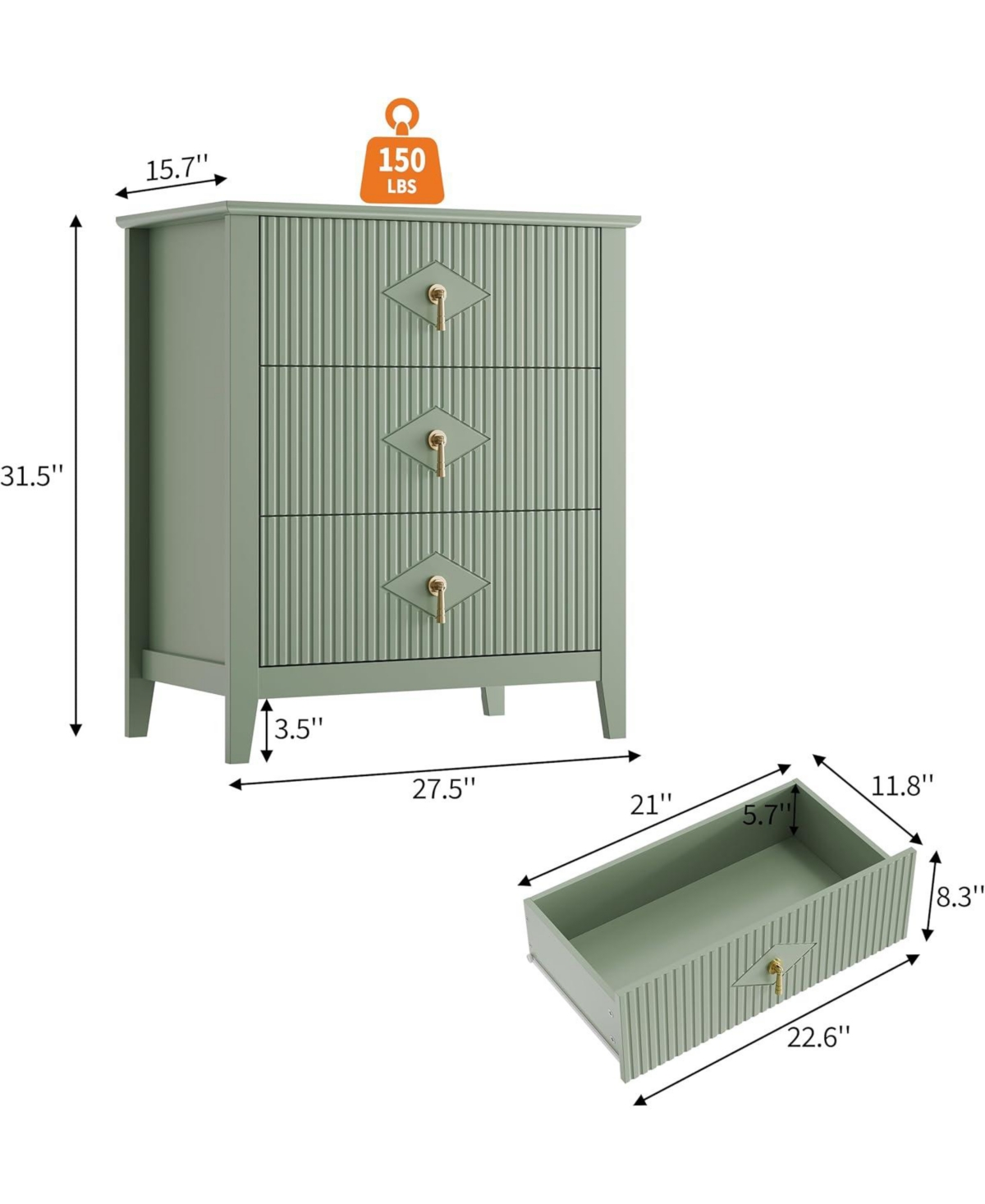 Gaomon Fluted Dresser 27.5"W, 3-Drawer Wood Chest, Modern Bedroom Storage Cabinet