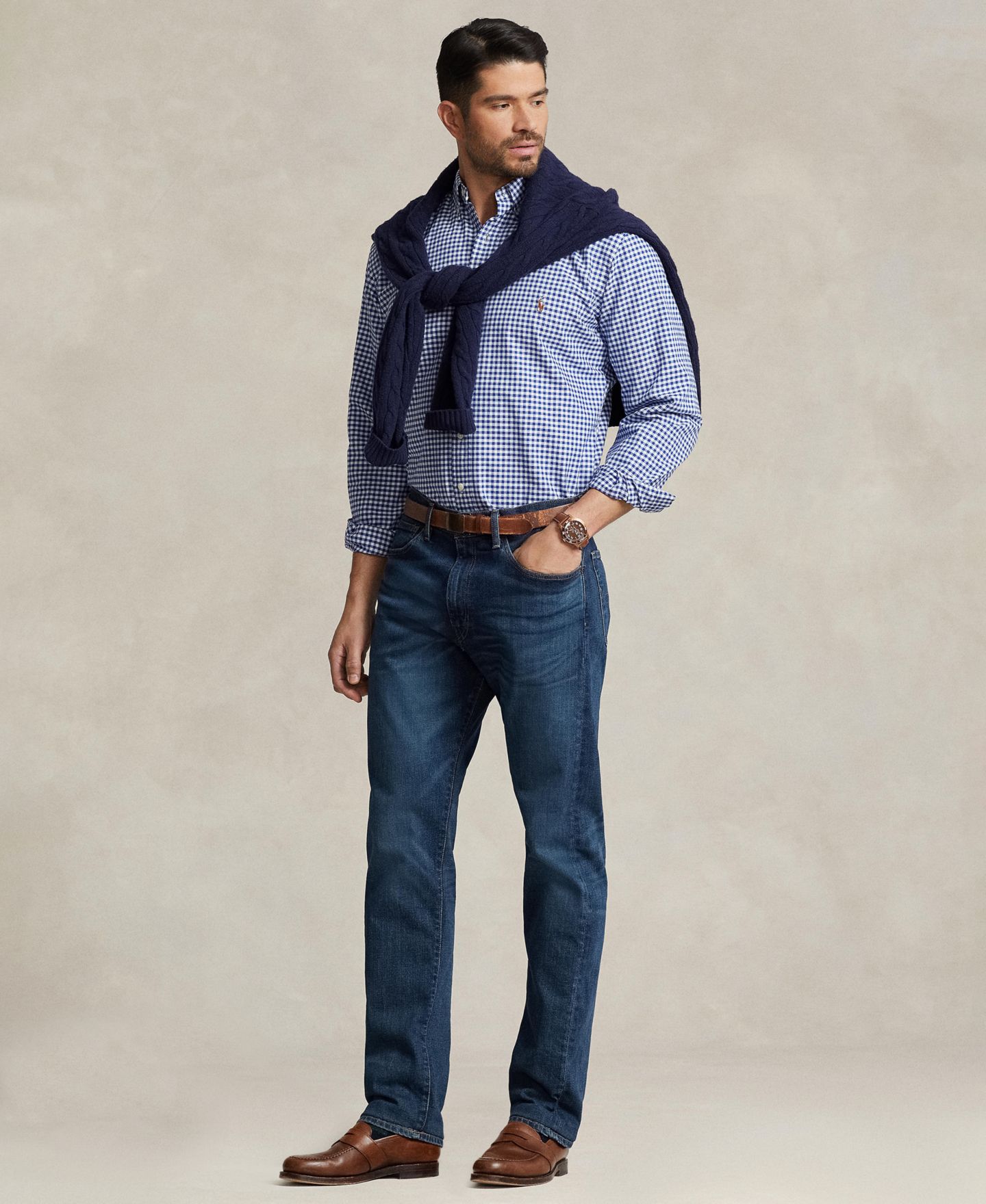 Мужская рубашка Polo Ralph Lauren Big & Tall Cotton Oxford, цвет: Синий / Белый в мелкую клетку — фото 3