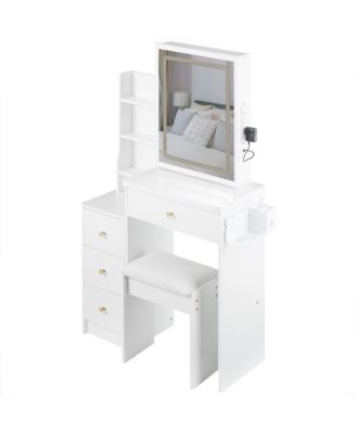 Bedside Vanity Table with Sliding LED Mirror and Charging Station
