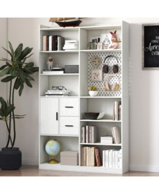 Streamdale White Bookshelf with Pegboard & Drawer, 9 Cubbies