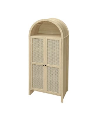 Arched Kitchen Pantry Cabinet with Rattan Door & Adjustable Shelves