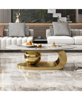 Oval Faux Marble Coffee Table with Stainless Steel Base