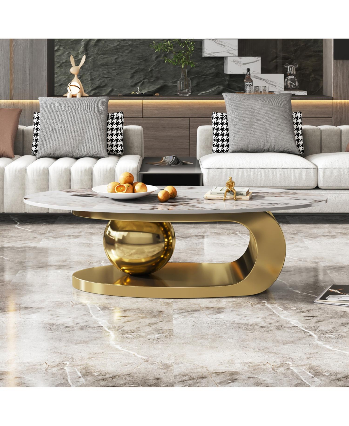 Streamdale Furniture Oval Faux Marble Coffee Table with Stainless Steel Base