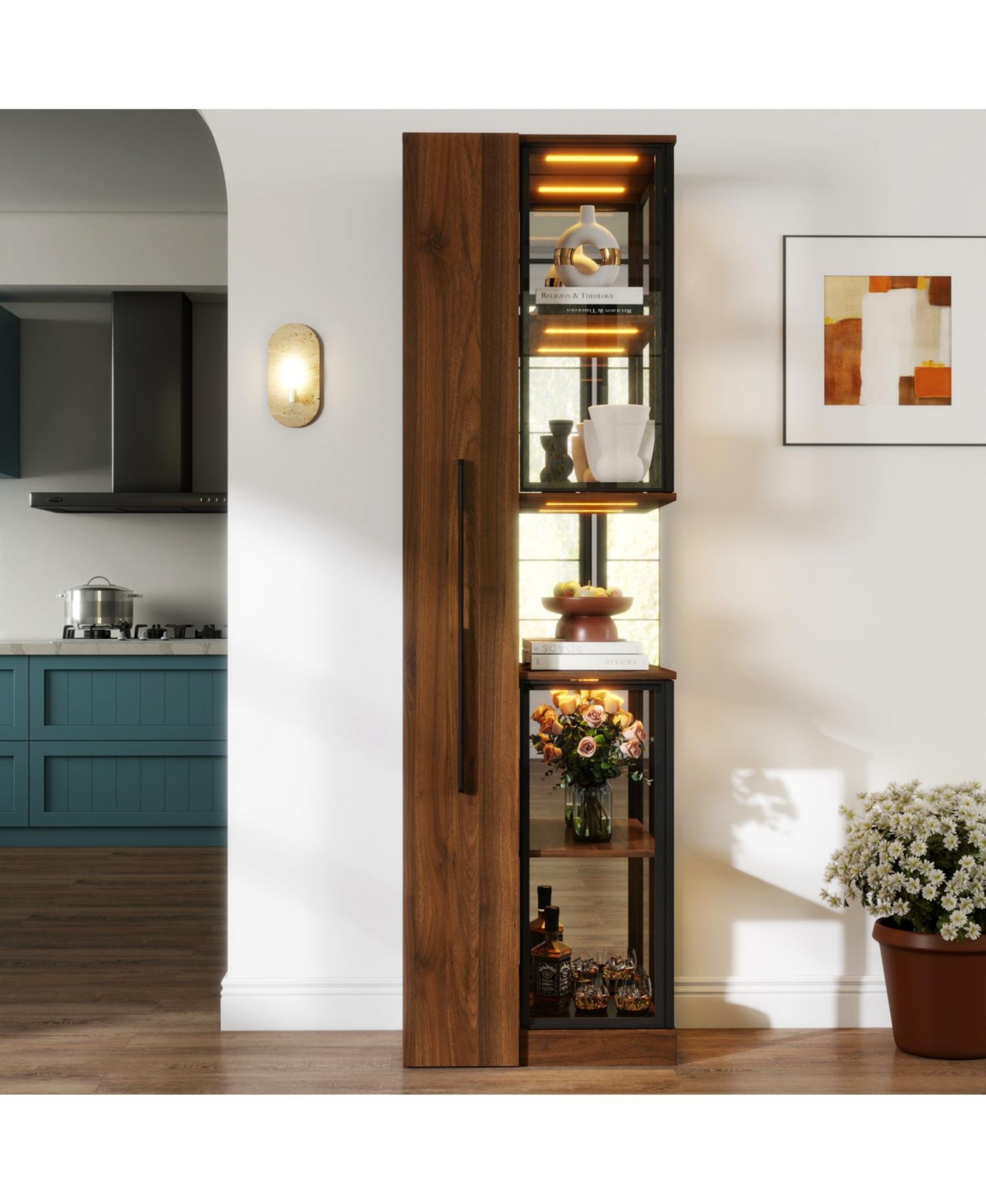 Streamdale Furniture 70" Display Cabinet w/ Glass Doors, Lights & Pull-Out Storage Shelf