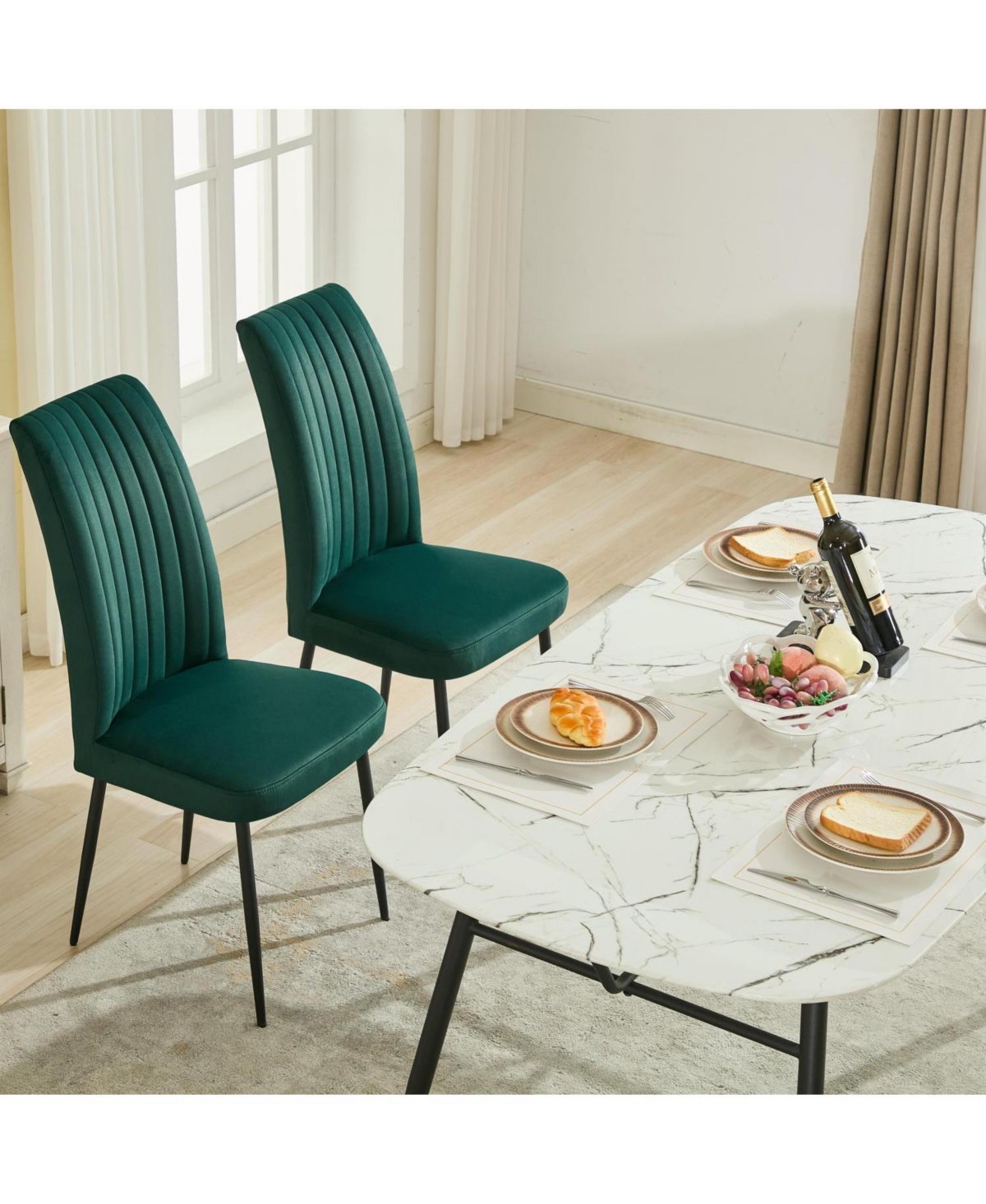 Streamdale Green Velvet Dining Chairs, Adjustable Feet, Set of 2