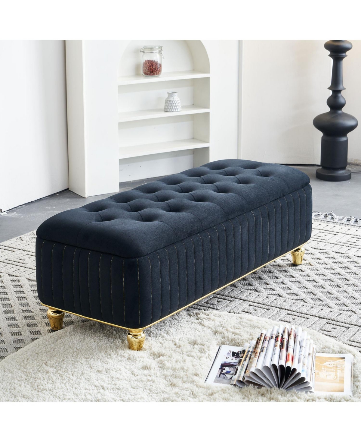 Streamdale Furniture Streamdale Velvet Storage Ottoman with Gold Accents
