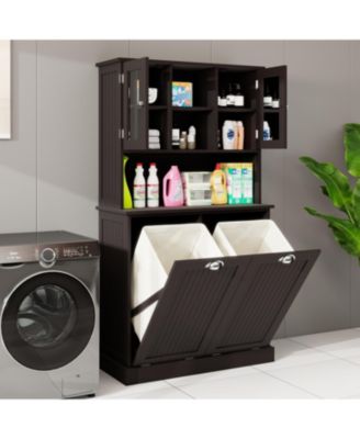 2-Compartment Tilt-Out Laundry Basket Cabinet with Shelves