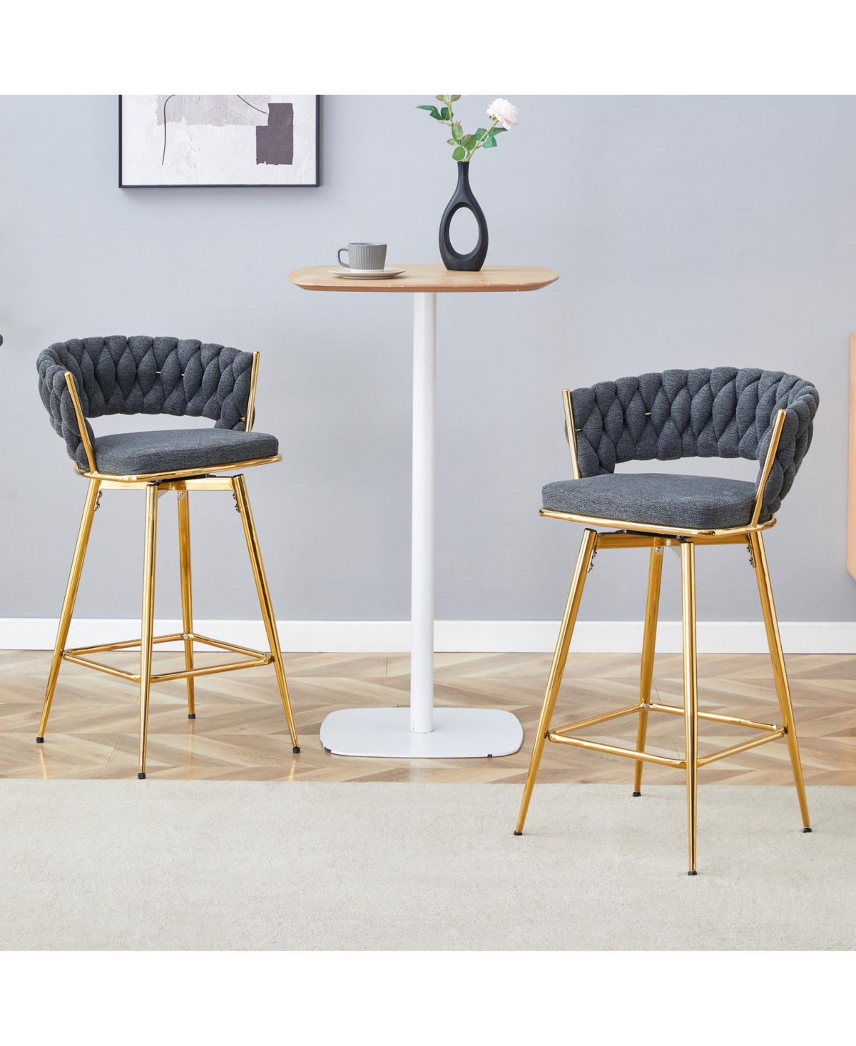 Streamdale Furniture Rotating Swivel Chair Gray Cotton Linen Seat Golden Legs