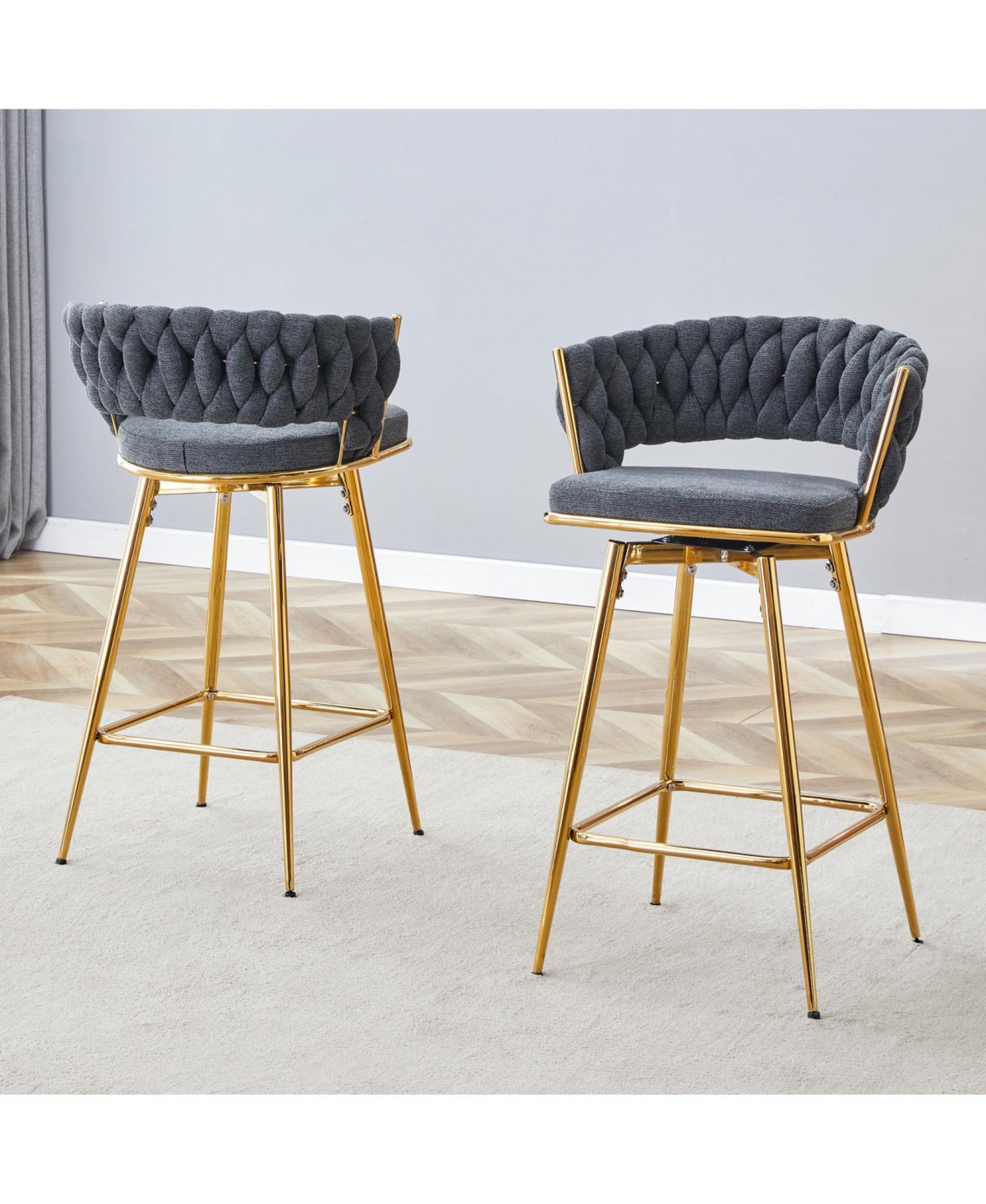 Streamdale Furniture Rotating Swivel Chair Gray Cotton Linen Seat Golden Legs