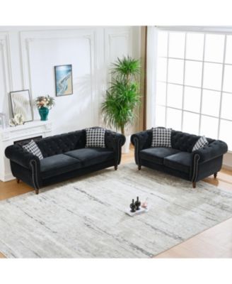 Chesterfield Velvet Sofa Set, Roll Arm, Nailhead Trim