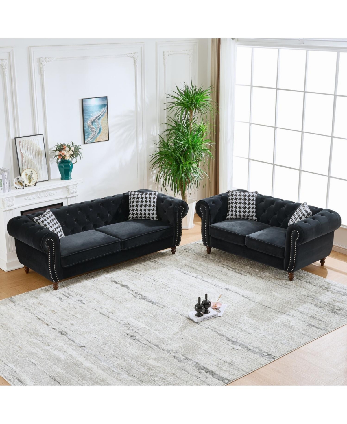 Streamdale Furniture Chesterfield Velvet Sofa Set, Roll Arm, Nailhead Trim
