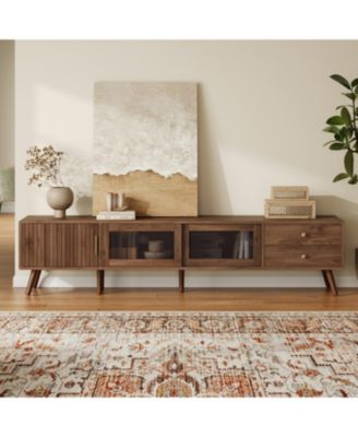 76" Modern Glass-Door TV Stand for 85" TVs, Wood-Grain Entertainment Center