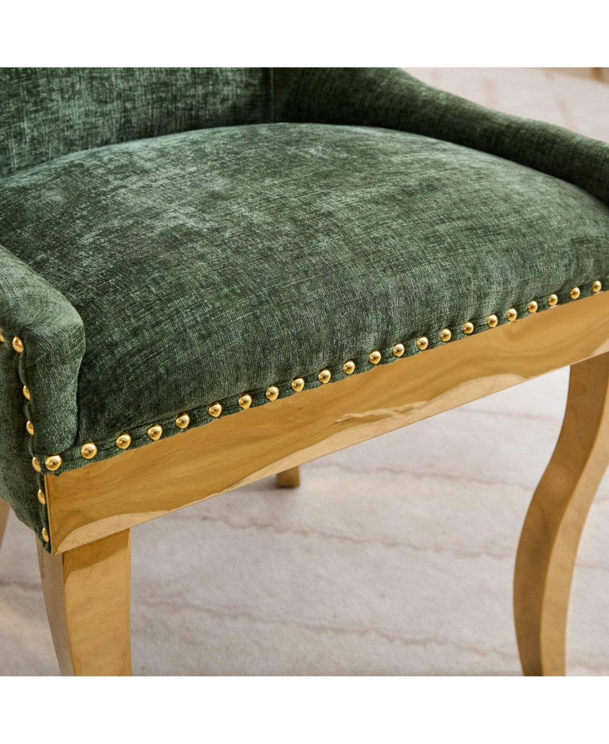 Streamdale Furniture Chenille Dining Chairs, Gold Legs, Rivet Trim, Green, Set of 2