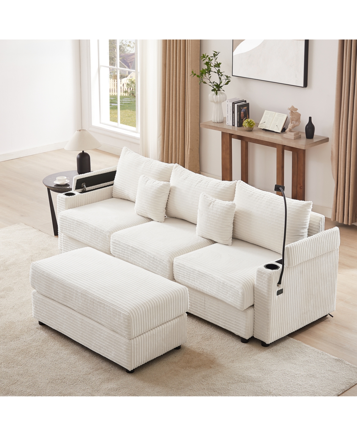 Streamdale Furniture Modern 3-Seater Sectional Sofa w/ Ottoman, Usb, Cup Holders.