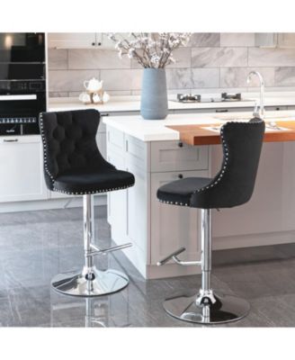 Velvet Swivel Barstools, Adjustable Height, Chrome Base, Set of 2, Black