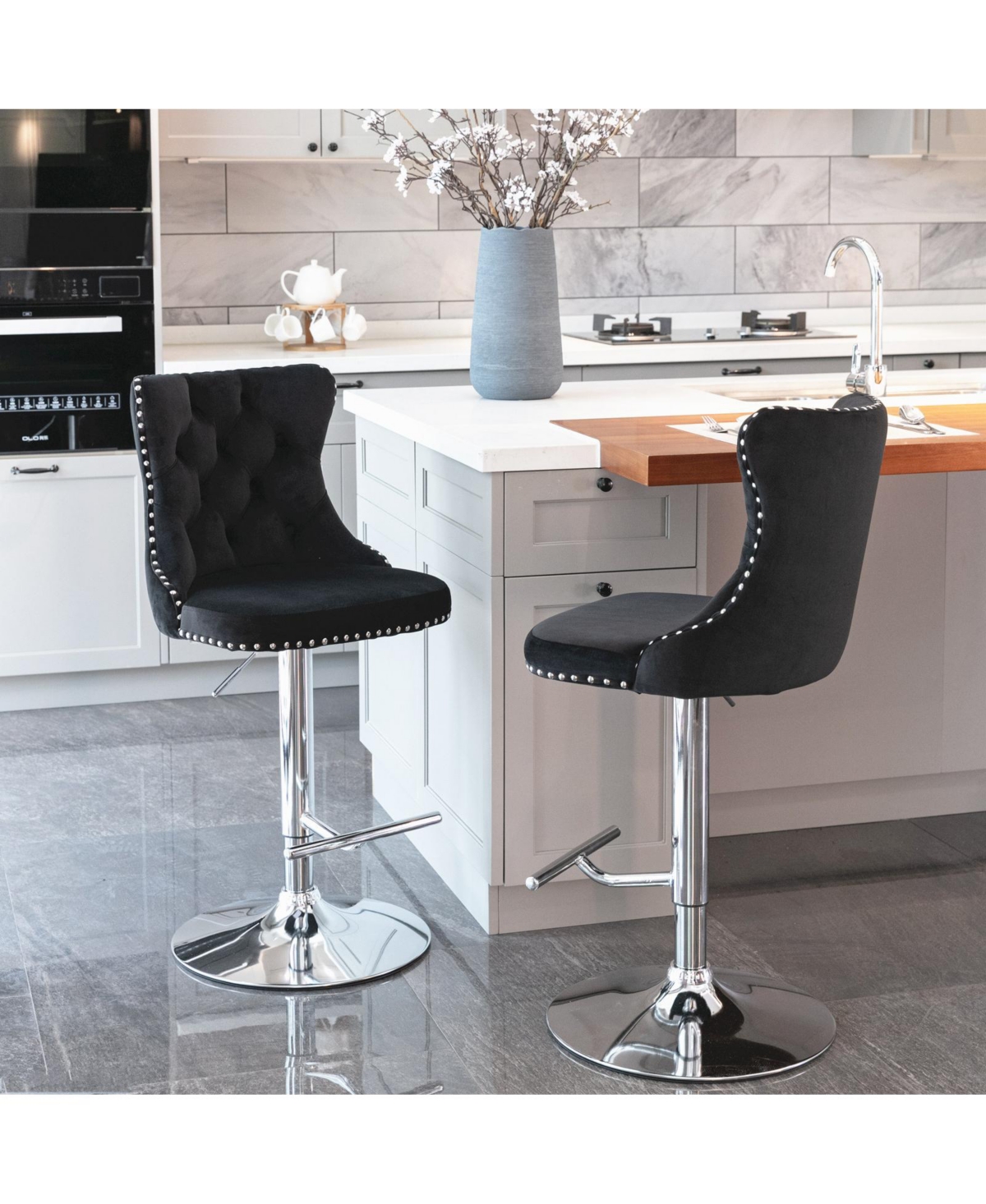 Streamdale Furniture Velvet Swivel Barstools, Adjustable Height, Chrome Base, Set of 2
