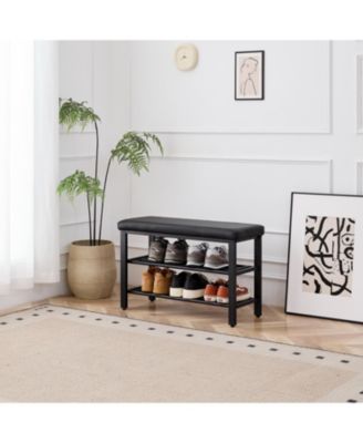 Shoe Bench with Seat Cushion, 3-Tier Shoe Rack, Metal Mesh Shelves