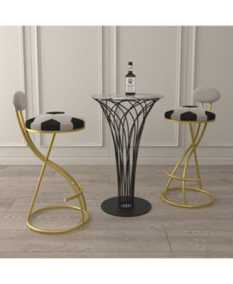 Football Print Bar Stools Set of 2, Counter Height, Velvet, Gold/Cream
