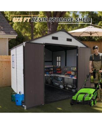 8x8 Resin Storage Shed w/ Windows, Aluminum Frame & Floor (White/Brown