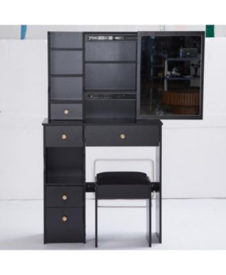 + Compact Vanity Table Set + Wood/Engineered Wood + Large Mirror & Multi-Tier Storage + Vanity Table with Stool