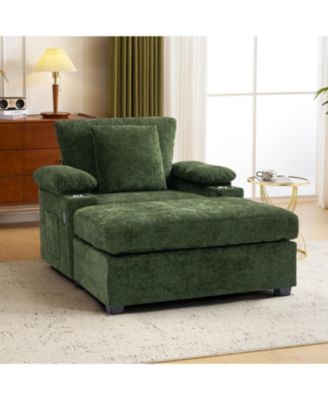 Oversized Chenille Chair with Ottoman USB & Cupholders