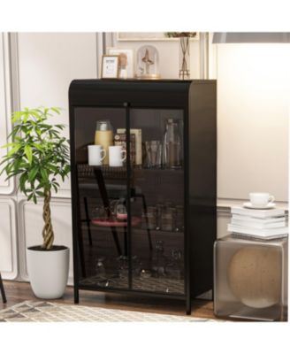 Metal Storage Cabinet with Glass Doors & Open Shelves