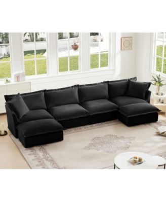 Slipcovered U Shape Sectional Sofa Deep Seat Chenille