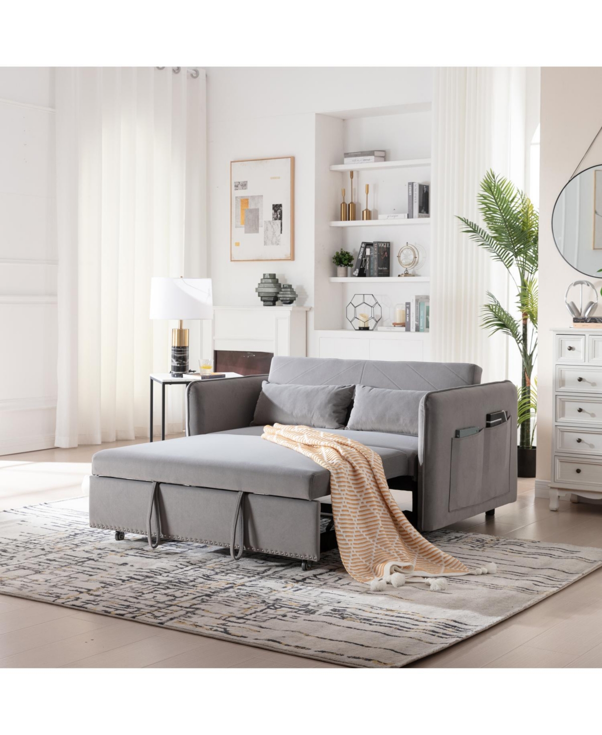 Streamdale Furniture Streamdale 55" Velvet Futon Sofa Bed with Pillows & Side Pockets