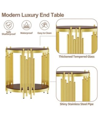 Streamdale Gold End Table, Brown Tempered Glass, Stainless Steel Legs