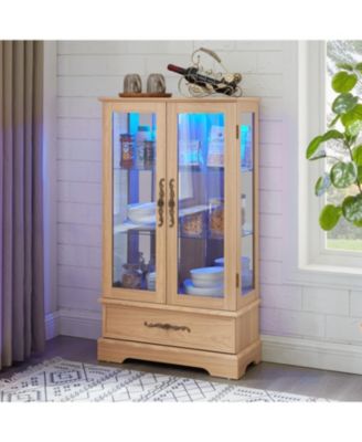 Lighted Glass Curio Cabinet - Light Oak Finish