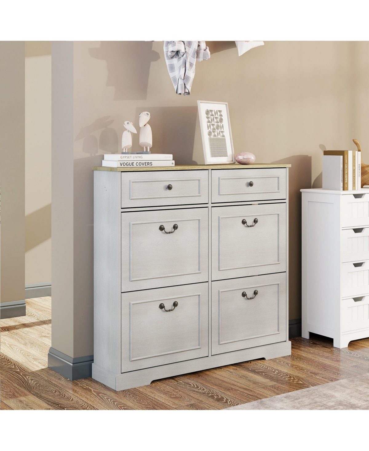 Streamdale Furniture Shoe Storage Cabinet - 2 Drawers, 4 Flip Drawers - Antique White