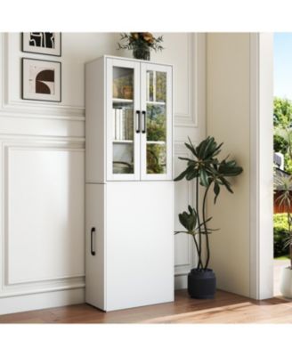 70.87" Display Cabinet, 4-Tier Pull-Out Shelf, 2 Glass Doors, Modern Bookshelf