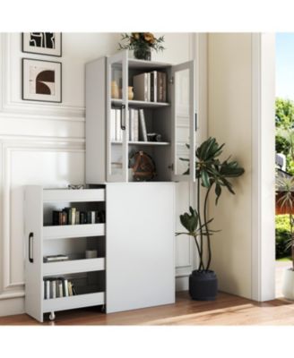 70.87" Display Cabinet, 4-Tier Pull-Out Shelf, 2 Glass Doors, Modern Bookshelf