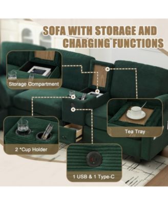  L-Shape Corduroy Sofa- 4-Seater, USB, Storage, Console & Ottoman