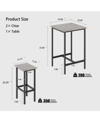 Bar Table Set with 2 Bar stools, Grey, 23.62" W x 23.62" D x 35.43" H
