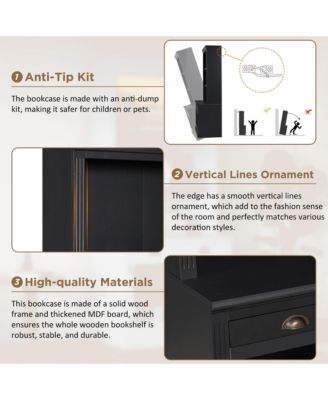 Modern Bookcase with Glass Doors & Drawer - Black