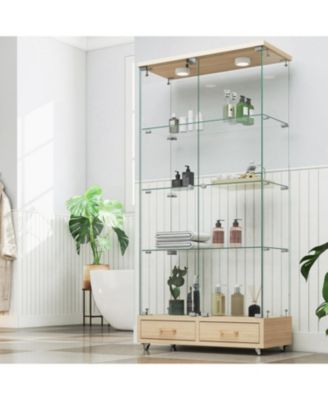 Modern Glass Display Cabinet w/ Drawers & LED Lights