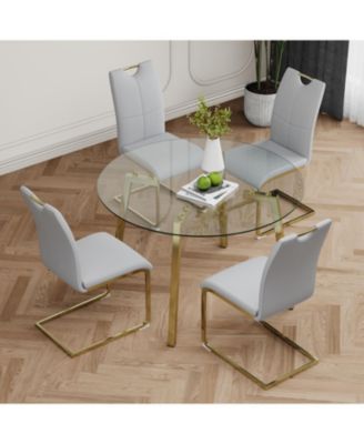  Modern Glass Circle Table & Grey PU Dining Chair Set (5)