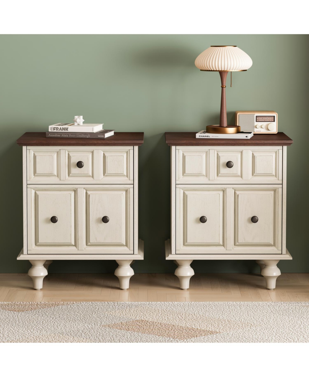 Streamdale Furniture Vintage Nightstand 2 Drawers Roman Legs Solid Wood (Antique White)