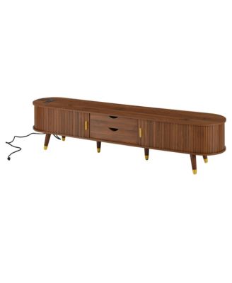 Streamdale Wooden Oval TV Stand with Charging Station, Mid-Century Media Console, Walnut