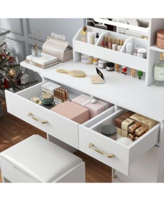 Streamdale Vanity Desk with LED Mirror Power Outlet 3 Drawers 7 Shelves & Stool