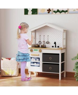 Kids Wooden Play Kitchen Set with Storage and Accessories for Imaginative Cooking