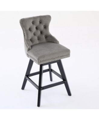 Gray Velvet Swivel Barstools Button Tufted Set of 2