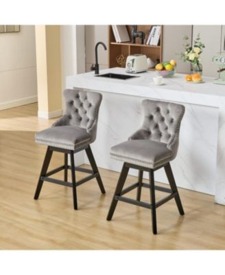 Gray Velvet Swivel Barstools Button Tufted Set of 2