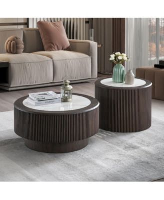 Marble Pattern Coffee Table Set - Round End Tables, Dark Brown