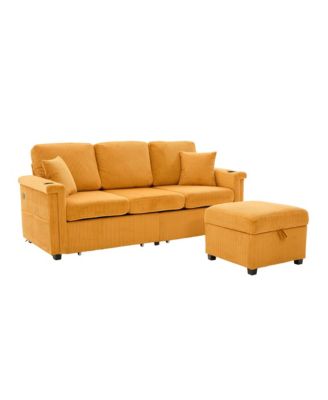L-Shaped Sectional Sofa w/ Storage Ottoman, USB, Cup Holder, Corduroy