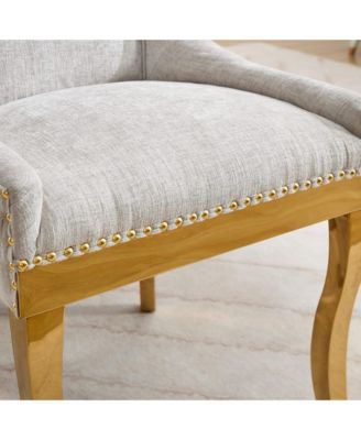 Chenille Dining Chairs, Gold Legs, Rivet Trim, Beige, Set of 2