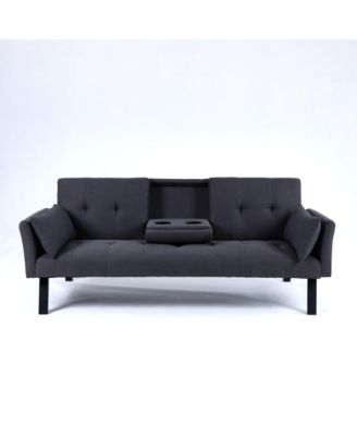 70" Cotton Linen Sofa Bed- Foldable, Cup Holder, Side Storage