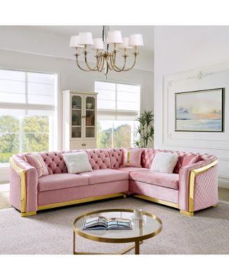 L-Shaped Chesterfield Velvet Sectional Sofa, Gold Accents, 5 Pillows