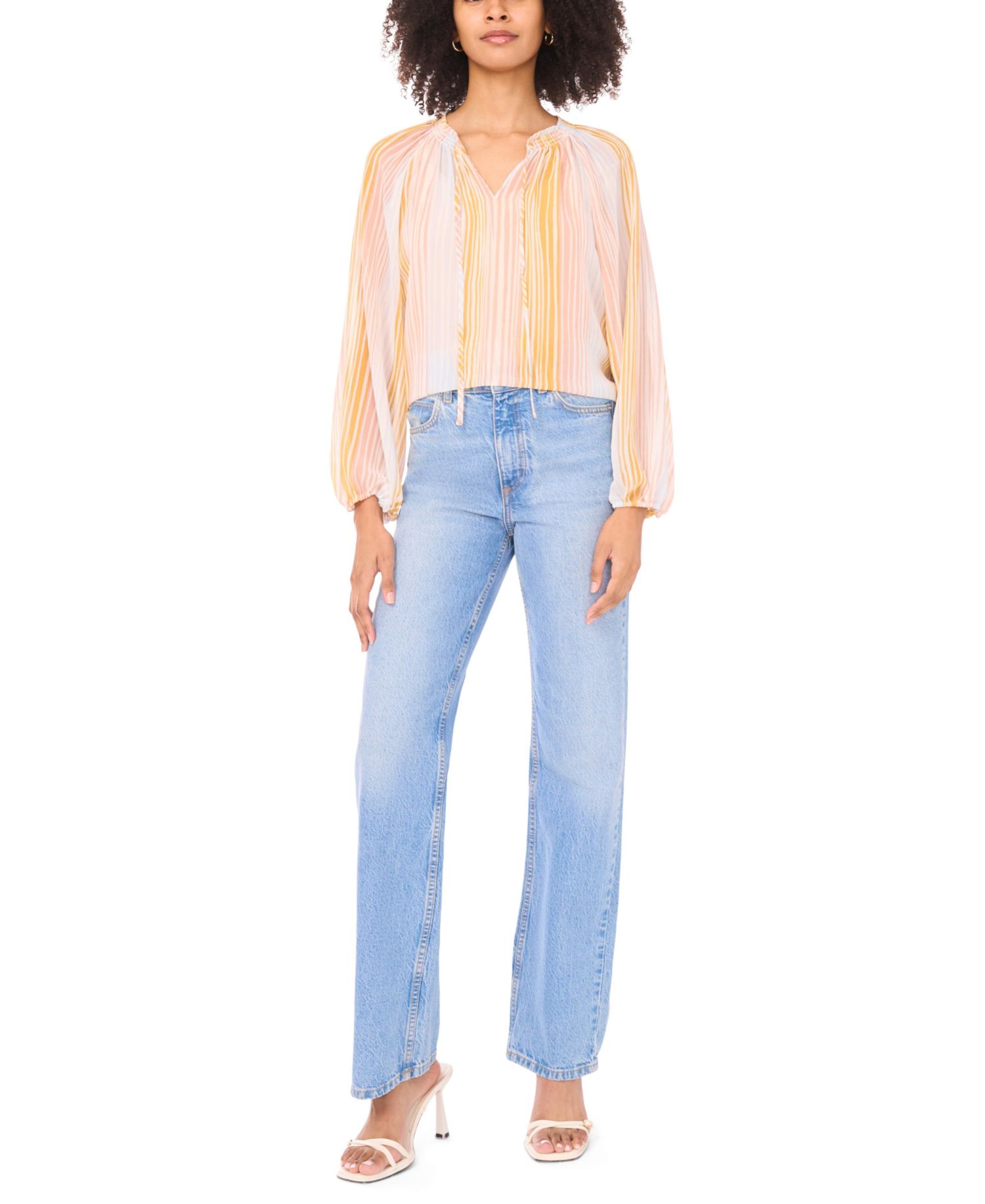 Women's Shirring Peasant Tie V-Neck Blouse